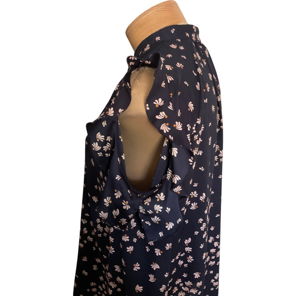 Ann Taylor Women's Large Navy Blue Blouse Floral Cold Shoulder Sleeve Polyester - Picture 9 of 11